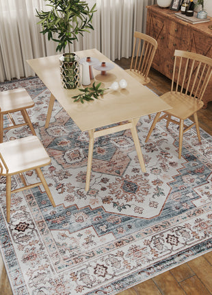 8x10 Area Rug, Vintage Machine Washable Rug, Non-Slip Carpet for Living Room, Bedroom, Dining Room, Brown & Light Blue