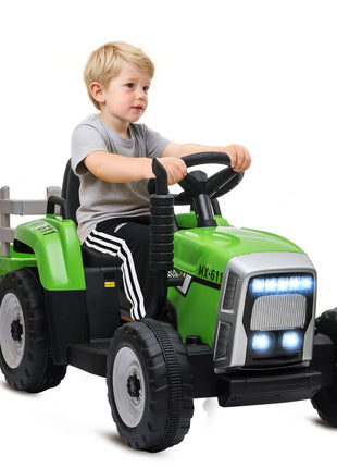 12V Ride on Tractor with Trailer, 25W Dual Motors, Battery Powered Electric Tractor with Remote Control, Music Startup Sound and Horn, LED Lights, Green