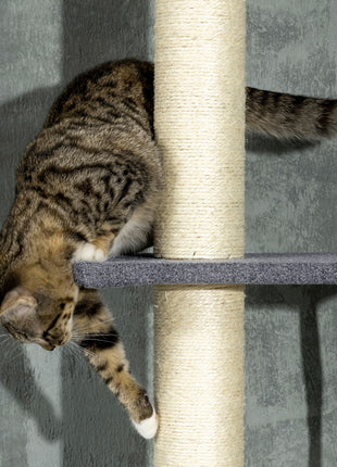 Floor To Ceiling Cat Tree, 5-Tier Cat Climbing Tower, 95''-106'' Height Adjustable with Carpeted Platforms, Cozy Bed, Hammock, Scratching Post & Toy Ball for Indoor Cats, Dark Gray and Cream