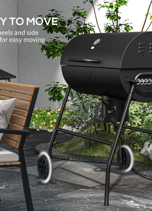 Barrel Charcoal BBQ Grill, Barbecue with 420 sq.in. Cooking Area, Wheels, Ash Catcher, Black