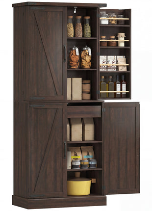 72" Tall Kitchen Pantry Cabinet, Farmhouse Storage Cabinet with 8 Door Racks and Adjustable Shelves, Distressed Brown