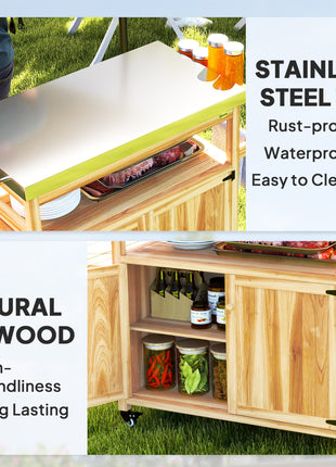 Outdoor Grill Cart w/ Stainless Steel Top, Solid Wood Outdoor Kitchen Island w/ Wheels, Storage Cabinets, Natural Wood