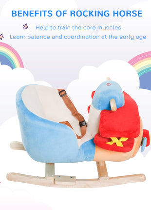 Kids Rocking Horse, Wooden Plush Ride-on Plane Chair Toy with Lullby Song and Seat Belt for 18 Month +