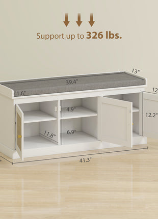 Shoe Storage Bench with Woven Rattan Doors, Shoe Bench with Cushion, Adjustable Shelves, Entryway Bench, White