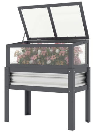 Raised Garden Bed with Flip-Up Mini Greenhouse, Elevated Planter Box with Legs and Bed Liner for Flowers, Vegetables