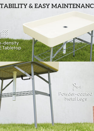 3.4ft Folding Ice Cooler Table with Drain, Fill and Chill Table Outdoor Table Cooler with Storage Shelf, Drink Cooler for Parties Picnic BBQ Camping Wedding, Tan