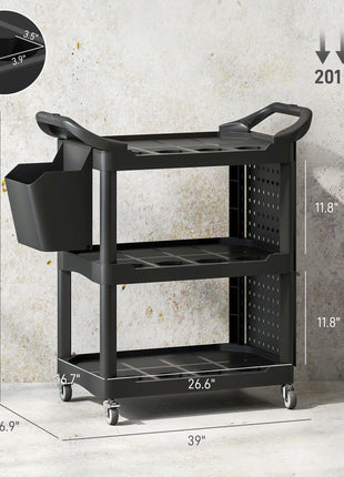 3-Tier Rolling Tool Cart, 200 LBS Capacity Plastic Utility Cart with Side Shelf and Storage Bucket, Black