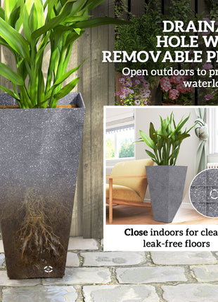 28" Tall Planters, Set of 3 Plastic Flower Pots with Marble Finish and Drainage Holes, Stackable Taper Planters, Gray