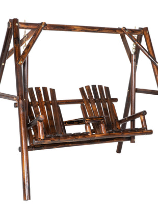 Wooden Porch Swing with Stand, 2-Seat Patio Swing Chair with Center Table, for Garden, Poolside, Backyard