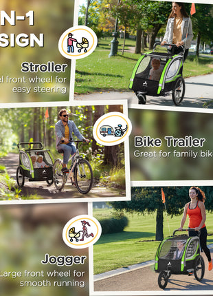 3-in-1 Bike Trailer for Kids, Running Stroller with 2 Seats, Jogging Cart with 5-Point Harness, Storage Units, Green