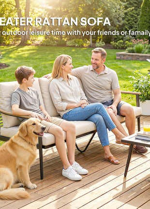 3 Seater Outdoor Patio Sofa, Outdoor Couch with Wood-Effect Armrests, Wicker Backrest, Cushions for Garden Yard, Khaki