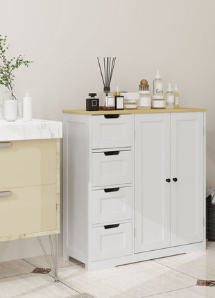 Freestanding Bathroom Floor Cabinet, Modern Bathroom Cabinet with Adjustable Shelf, 4 Drawers and 2 Doors, White