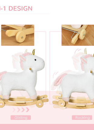 2 in 1 Kids Rocking Horse, Rolling Unicorn with Sound, Wooden Base, Pedal, Grip Handle, for 3-6 Years Old, White