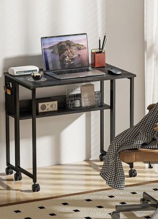Folding Computer Desk, Foldable Desk with Storage Bag, Shelf and Wheels for Small Spaces, Home Office, Black
