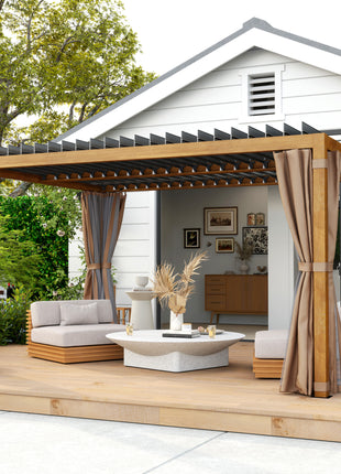 10' x 13' Outdoor Retractable Pergola w/ Sun Shade Louvered Top, Pergola w/ Canopy, Curtains, Netting, Natural Wood