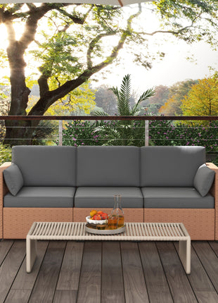 Patio Couch PE Wicker Deep Seating Outdoor Sofa with Removable Cushions, 3 Seater Rattan Sofa, Outdoor Furniture for Balcony, Deck, Garden and Poolside, Sand