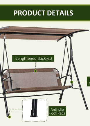 2-Seater Patio Swing Chair, Outdoor Adjustable Canopy Porch Swing with Armrests, Texeline Fabric and Steel Frame, Brown