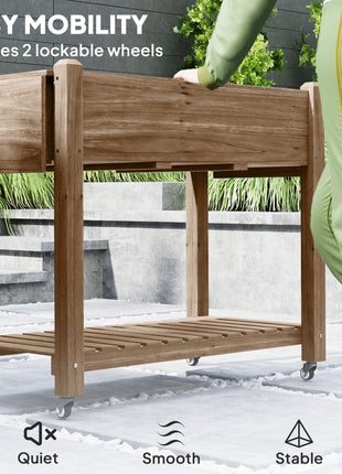 Wood Raised Planter Box, Elevated Garden Bed with Lockable Wheels, Side Tables, Bottom Shelf, Drain Holes, Carbonized