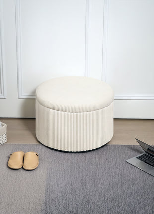 24 Inches Round Storage Ottoman Stool with Lid, Upholstered Corduroy Foot Rest for Living Room, Bedroom, Beige
