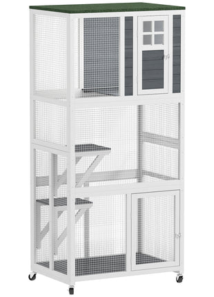 74" Wooden Catio Outdoor Cat Enclosure Weatherproof & Wheeled, Outside Cat House with High Weight Capacity, Kitten Cage Condo, White