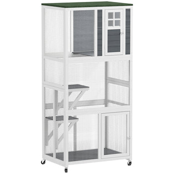 74" Wooden Catio Outdoor Cat Enclosure Weatherproof & Wheeled, Outside Cat House with High Weight Capacity, Kitten Cage Condo, White