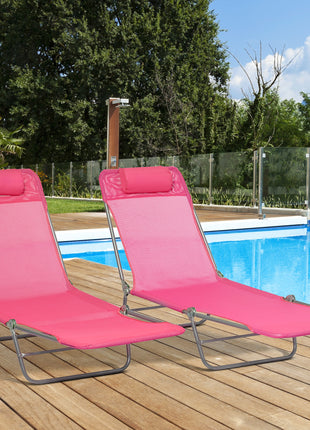 2 Piece Folding Chaise Lounge Chairs, Pool Sun Tanning Chairs with Reclining Back, Breathable Mesh Seat, Pink