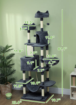 81" Cat Tree w/ Cat Scratching Posts, Scratching Board, Condos, Beds, Hammocks, Toy Balls, Rope Cat Toy, Gray