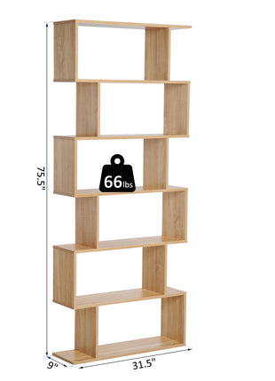 75.5" H Bookcase 6 Shelf S-Shaped Bookshelf Wooden Storage Display Stand Shelf Organizer Free Standing, Oak