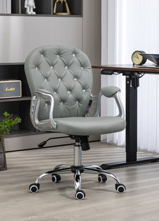Button Tufted Desk Chair, Home Office Chair with Padded Armrests, Adjustable Height and Swivel Wheels, Gray