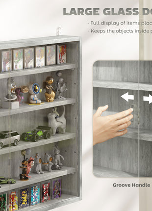 5-Tier Display Cabinet, Wall-Mounted Display Case with 2 Glass Doors and Adjustable Shelves, Gray