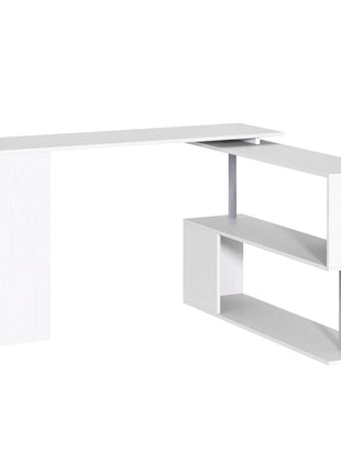 55" 360° Rotating Corner Computer Desk Modern L-Shaped Home Office Workstation with 3-Tier Storage Shelves, Bookshelf, White