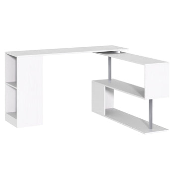 55" 360° Rotating Corner Computer Desk Modern L-Shaped Home Office Workstation with 3-Tier Storage Shelves, Bookshelf, White