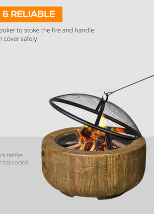 Outdoor Fire Pit, 24 Inch Metal Wood Burning Fireplace with Spark Cover, Poker, Woodgrain Design, Light Brown