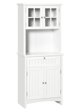 Kitchen Buffet Hutch Cabinet, Freestanding Kitchen Pantry Storage Cabinet Cupboard with Framed Glass Door, Drawer and Microwave Space, White