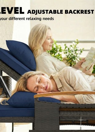 Rattan Outdoor Daybed w/4-Level Adjustable Backrest, Patio Sofa Bed w/Storage Ottoman, Acacia Wood Armrest, Navy Blue