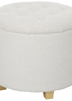18" Round Ottoman with Storage, Teddy Fleece Button Tufted Foot Stool with Lid, Wood Legs for Living Room Hallway, White