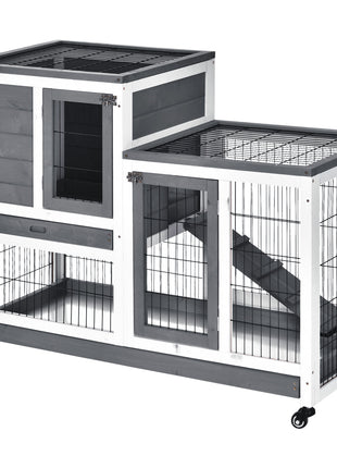 Wooden Rabbit Hutch Elevated Bunny Cage Indoor Small Animal Habitat with Enclosed Run with Wheels, Ramp, Removable Tray for Rabbits, Chickens, Ducks, Guinea Pigs, Gray