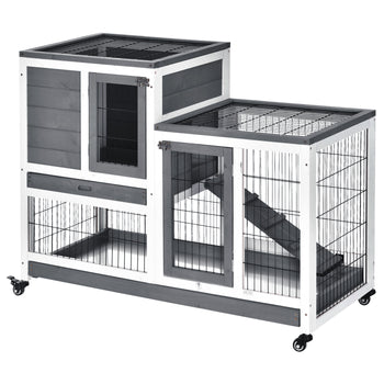 Wooden Rabbit Hutch Elevated Bunny Cage Indoor Small Animal Habitat with Enclosed Run with Wheels, Ramp, Removable Tray for Rabbits, Chickens, Ducks, Guinea Pigs, Gray