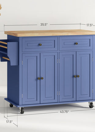 Kitchen Island on Wheels, Rolling Cart with Rubberwood Top, Spice Rack, Towel Rack and Drawers, Navy Blue