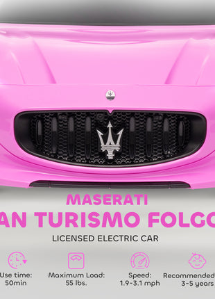 Maserati Gran Turismo Licensed 12V Kids Electric Car w/ Remote Control, Soft Start, LED Lights, Music, Horn, Pink