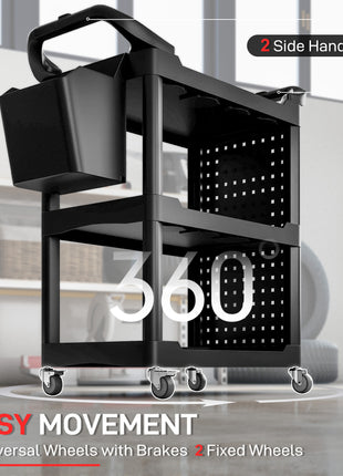 3-Tier Rolling Tool Cart, 200 LBS Capacity Plastic Utility Cart with Side Shelf and Storage Bucket, Black