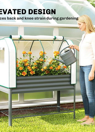 Galvanised Raised Garden Bed with Greenhouse Cover, Metal Elevated Garden Bed with Bed Liner, Bottom Shelf, Dark Gray