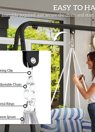 Hammock Swing Chair, Macrame Hanging Chair with Large Cushion, Chain, Steel Frame for Indoor Outdoor Use, Blue and White