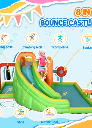 7-in-1 Inflatable Water Slide, Kids Castle Bounce House Includes Slide, trampoline, Pool, Water Cannon, Ball-target, Boxing Post, Tunnel with Carry Bag, Repair Patches, 750W Air Blower