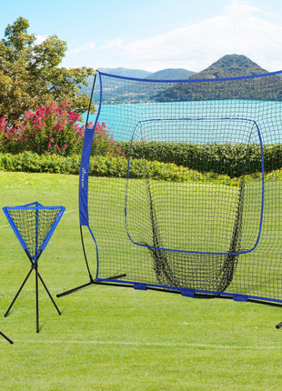 Baseball Net Set with 7.5x7ft Catcher Net, Ball Caddy, Portable Pitching Net for Hitting, Pitching, Batting, Blue