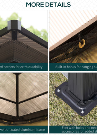 10' x 12' Hardtop Gazebo Canopy with Polycarbonate Roof, Aluminum Frame, Permanent Pavilion Outdoor Gazebo with Netting, for Patio, Garden, Backyard, Deck, Lawn, Black, Beige