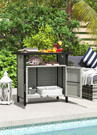 Outdoor Pool Towel Storage Cabinet Organizer, Outdoor Bar Table with Shelf and Cabinet, Pool Towel Holder Pool Valet with Weather-Resistant PE Rattan and Steel Frame, Gray