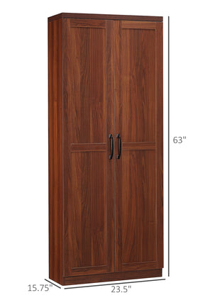 63" 2-Door Kitchen Pantry, Freestanding Storage Cabinet with 5-tier Shelving and 2 Adjustable Shelves for Dining Room, Brown