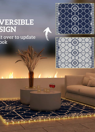Reversible Outdoor Rug Carpet with LED Lights, 10' x 8' PP Straw Rug with Carry Bag and Ground Stakes