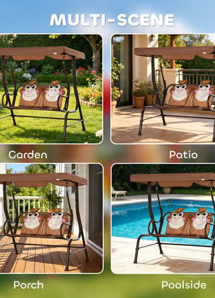 Kids Patio Swing, 2-Seater Outdoor Swing Chair with Adjustable Canopy and Safety Belt, Monkey Pattern Hanging Swing Bench for Garden or Backyard, Coffee